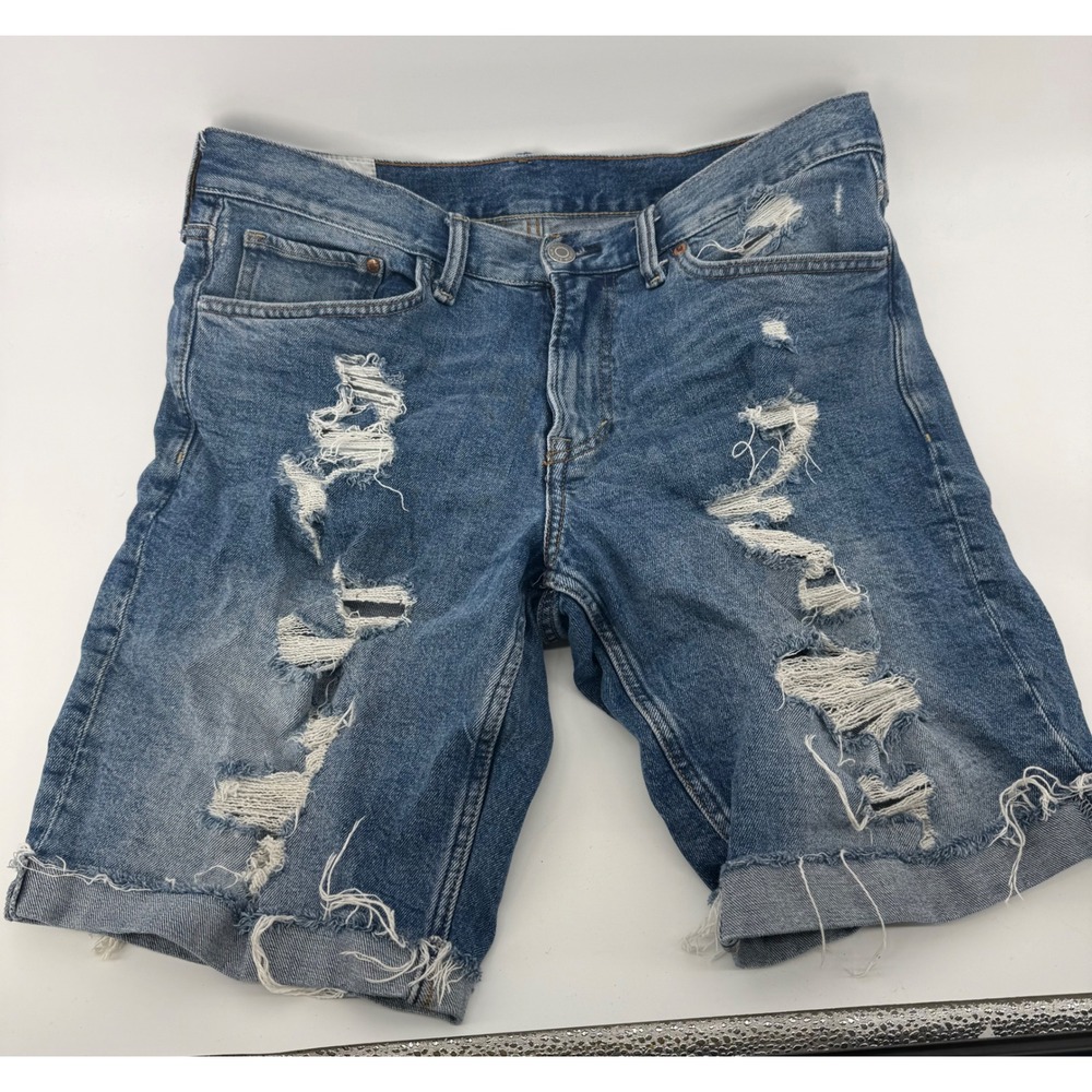 H&M‎ Mens Regular Fit Distressed Denim Shorts Blue Ripped Raw Hem Size 32